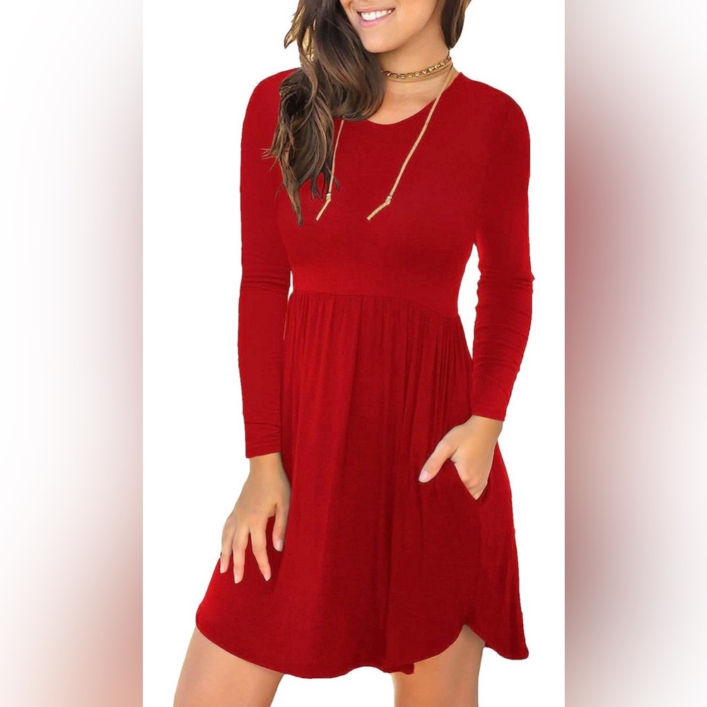 Longyuan Red long sleeve dress with pockets- size Large